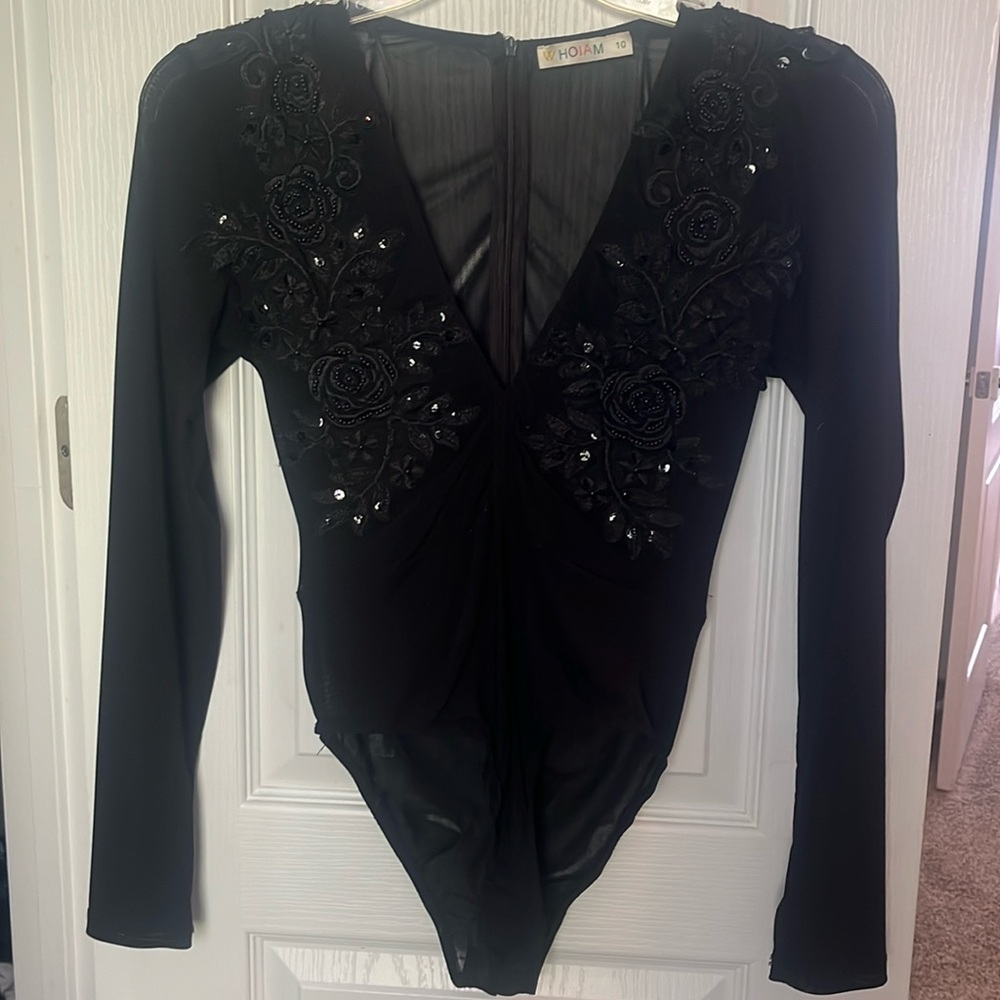Sheer black bodysuit with lace and beaded floral detailing, size 10